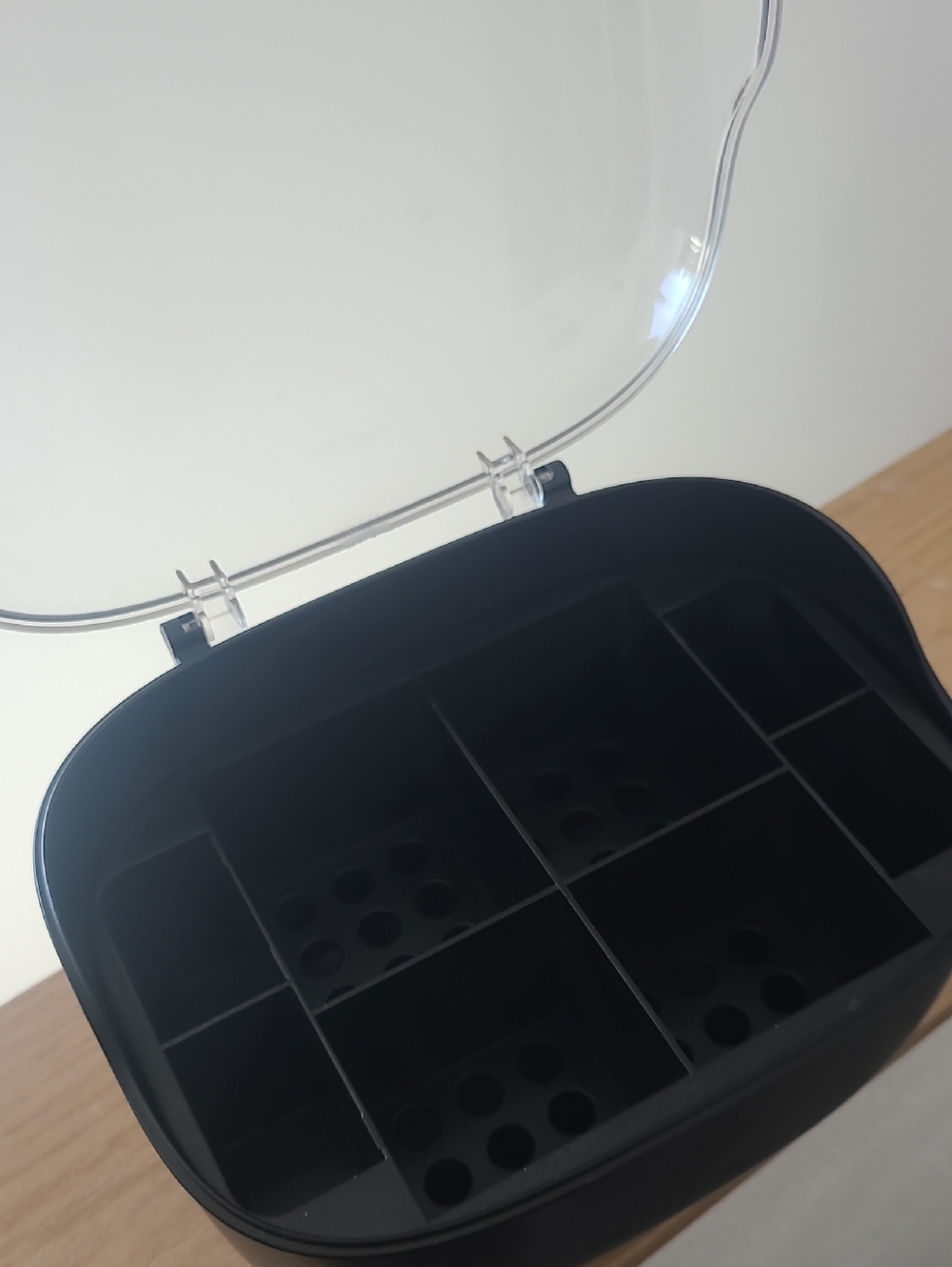 Small Black Cosmetic Organizer with Clear Lid and Gold Accents